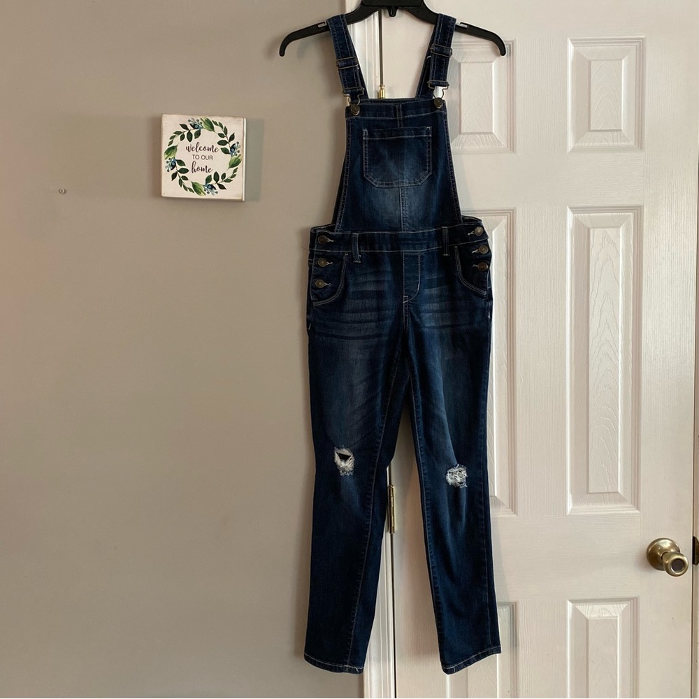 SO Girls Dark Wash Jean Overalls Lightly Distressed Size 12 Blue Skinny Leg